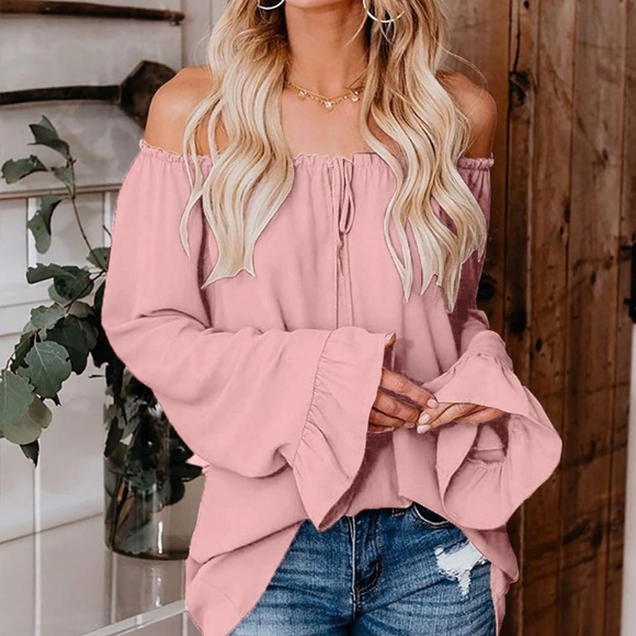 NWOT XL On/Off Shoulder Chiffon Long Sleeve Blouse Bell Sleeve - Picture 2 of 13